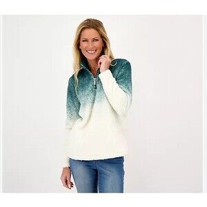 Denim & Co Sherpa Tie-Dye Mock-Neck Half-Zip Pullover Size L Teal Fluffy Comfort